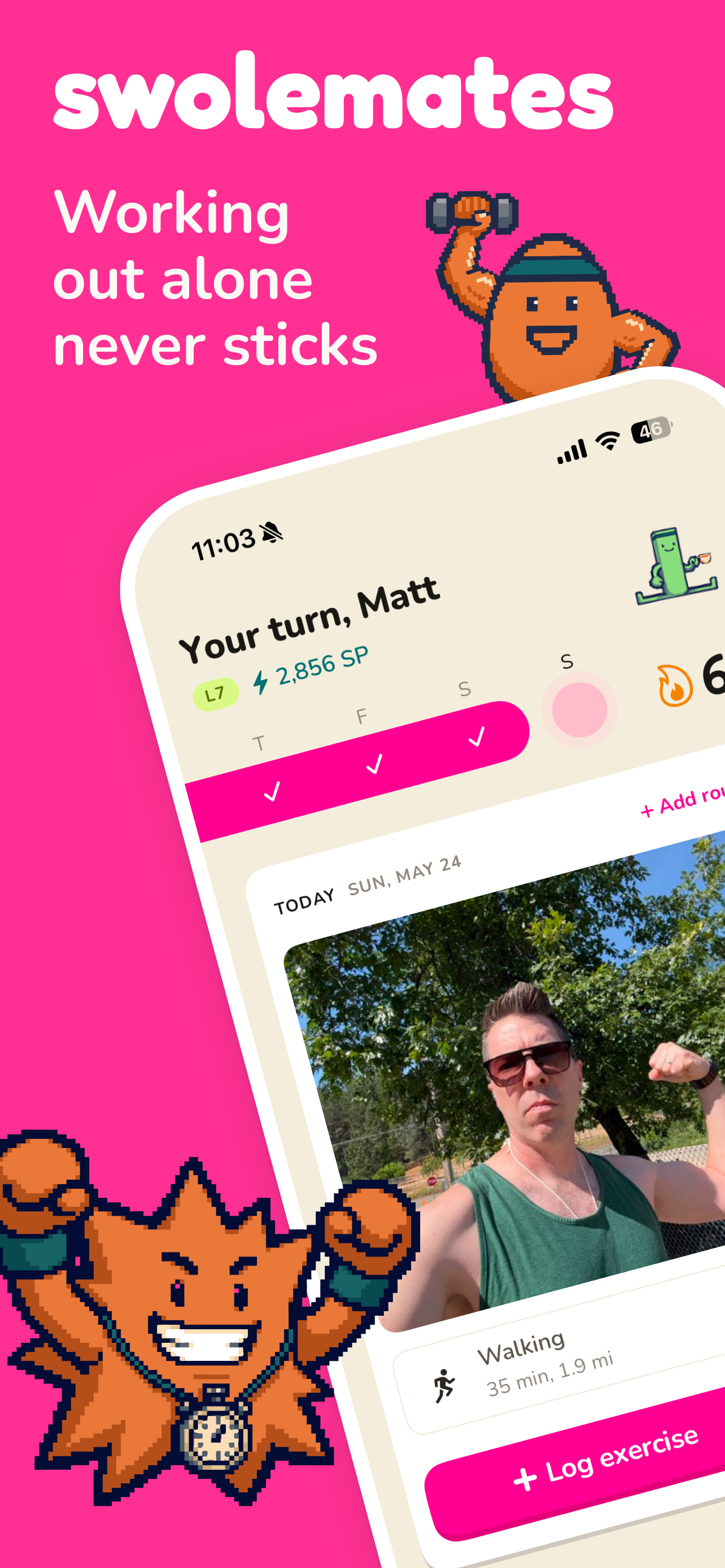 Swolemates home screen showing today's workout card, streak bar, and a real member's gym selfie