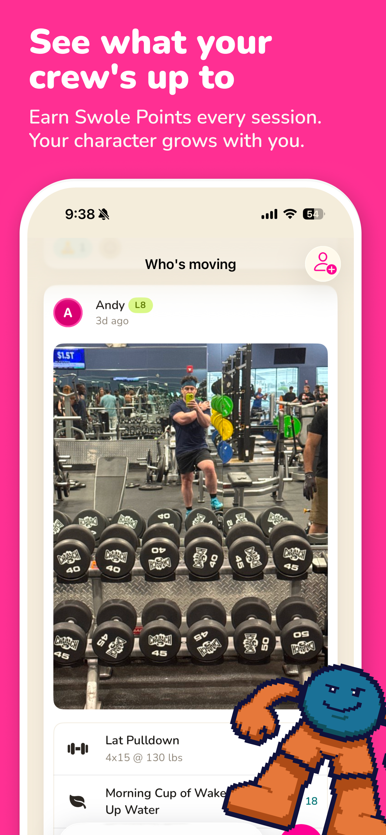 Swolemates Who's moving feed showing a friend's gym selfie and workout log