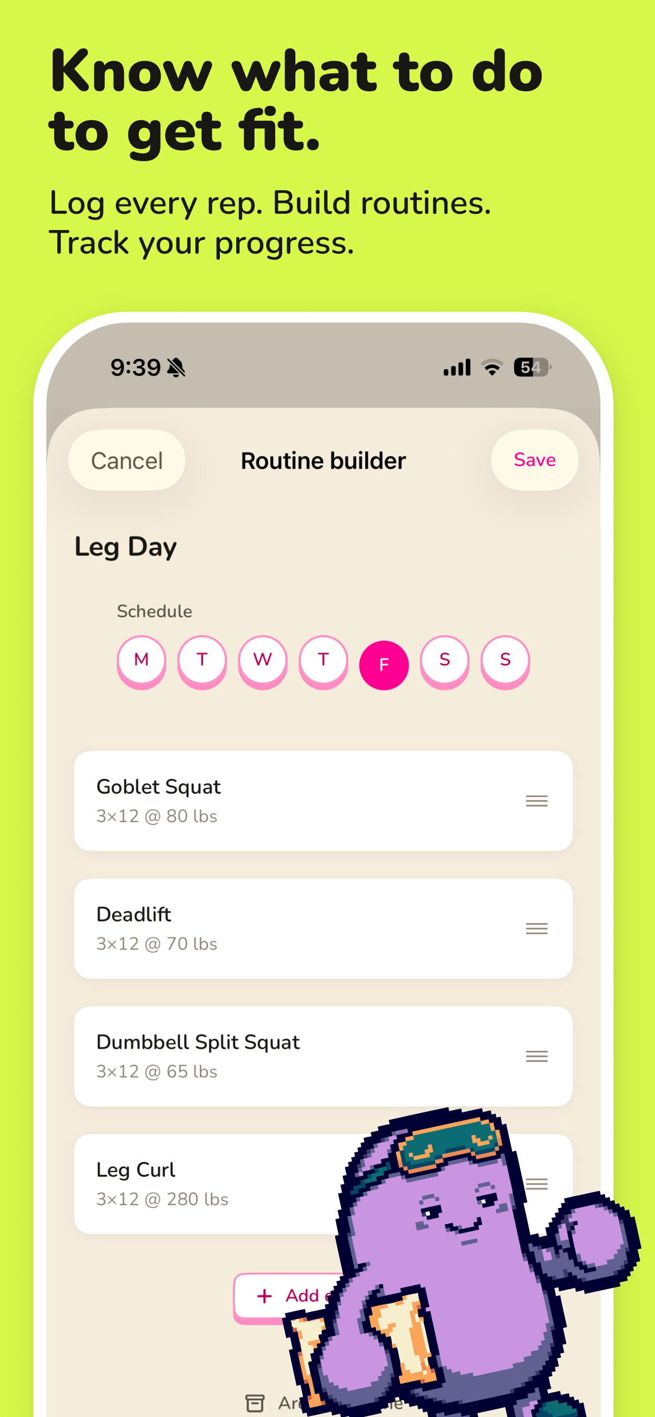 Swolemates routine builder showing Leg Day with Goblet Squat, Deadlift, Dumbbell Split Squat, and Leg Curl