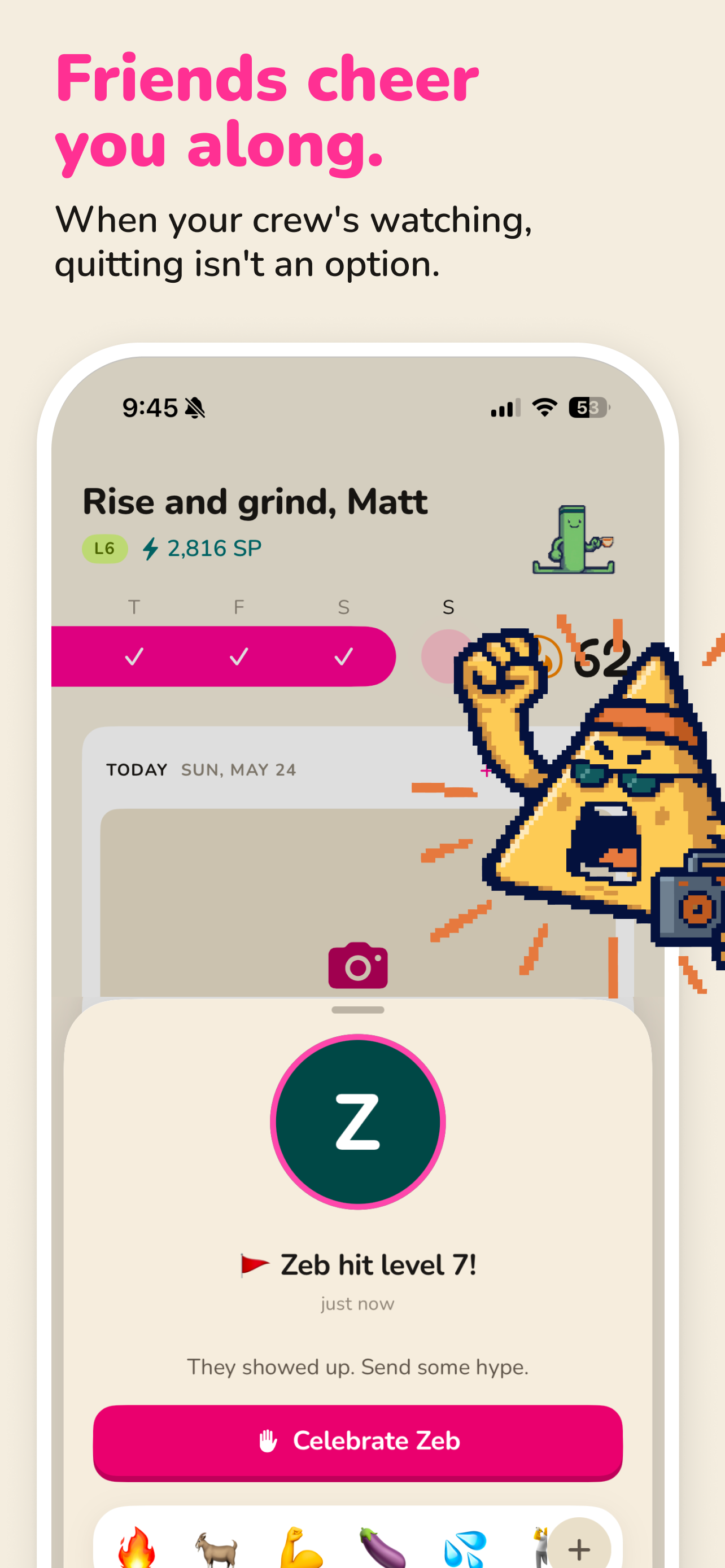 Swolemates home feed showing a friend hitting level 7 with a Celebrate button and emoji reactions