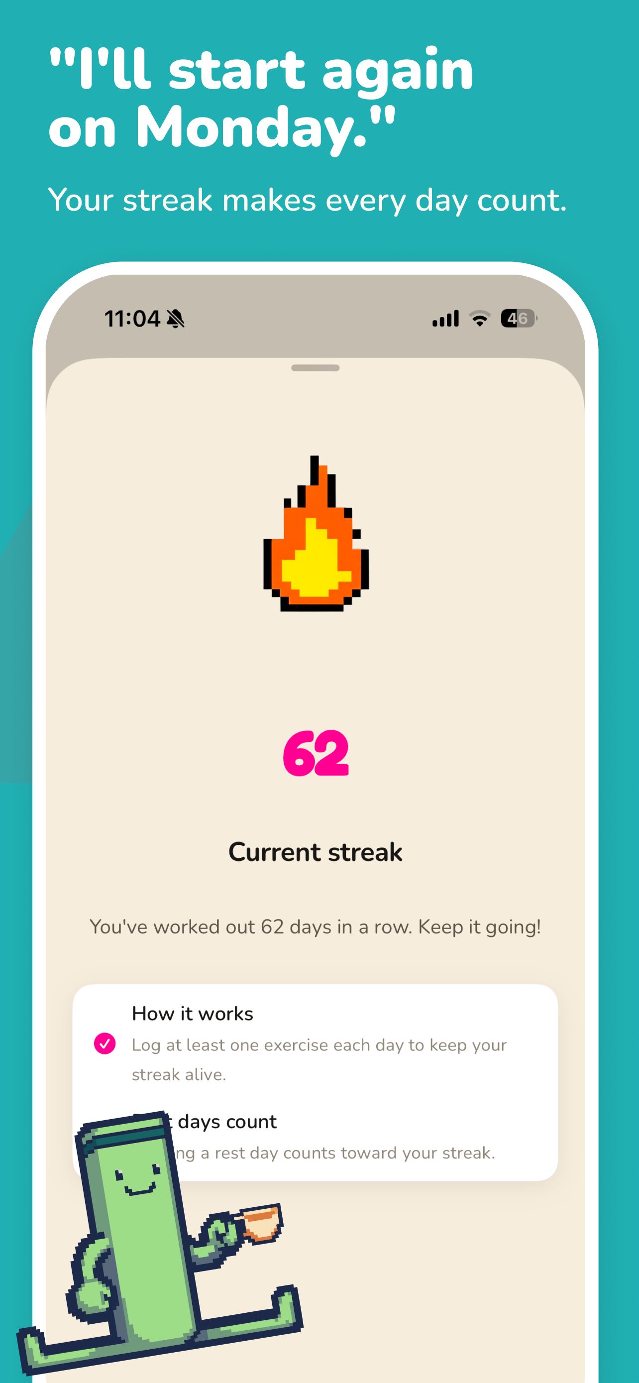 Swolemates streak screen showing a 62-day current streak with a flame icon