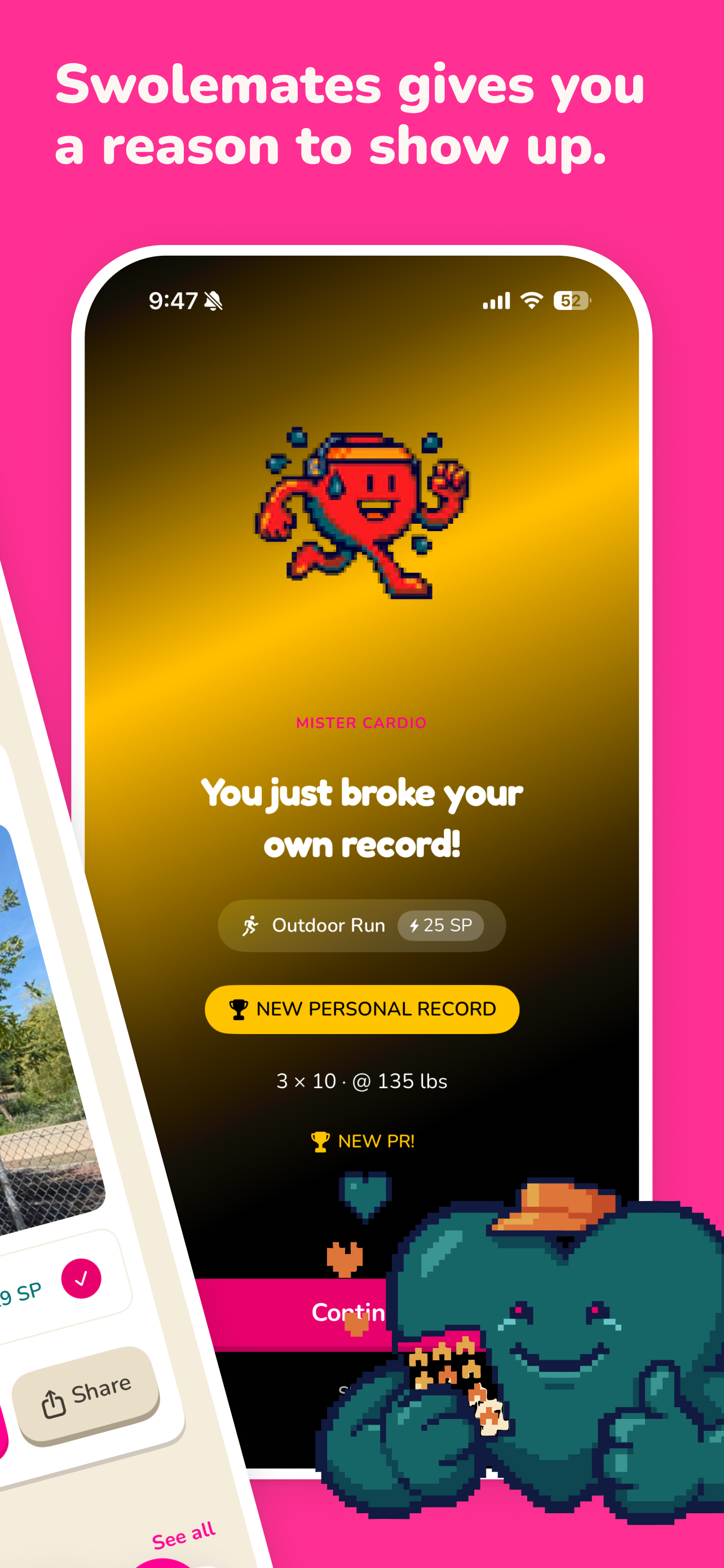 Swolemates celebration screen showing a new personal record on an outdoor run